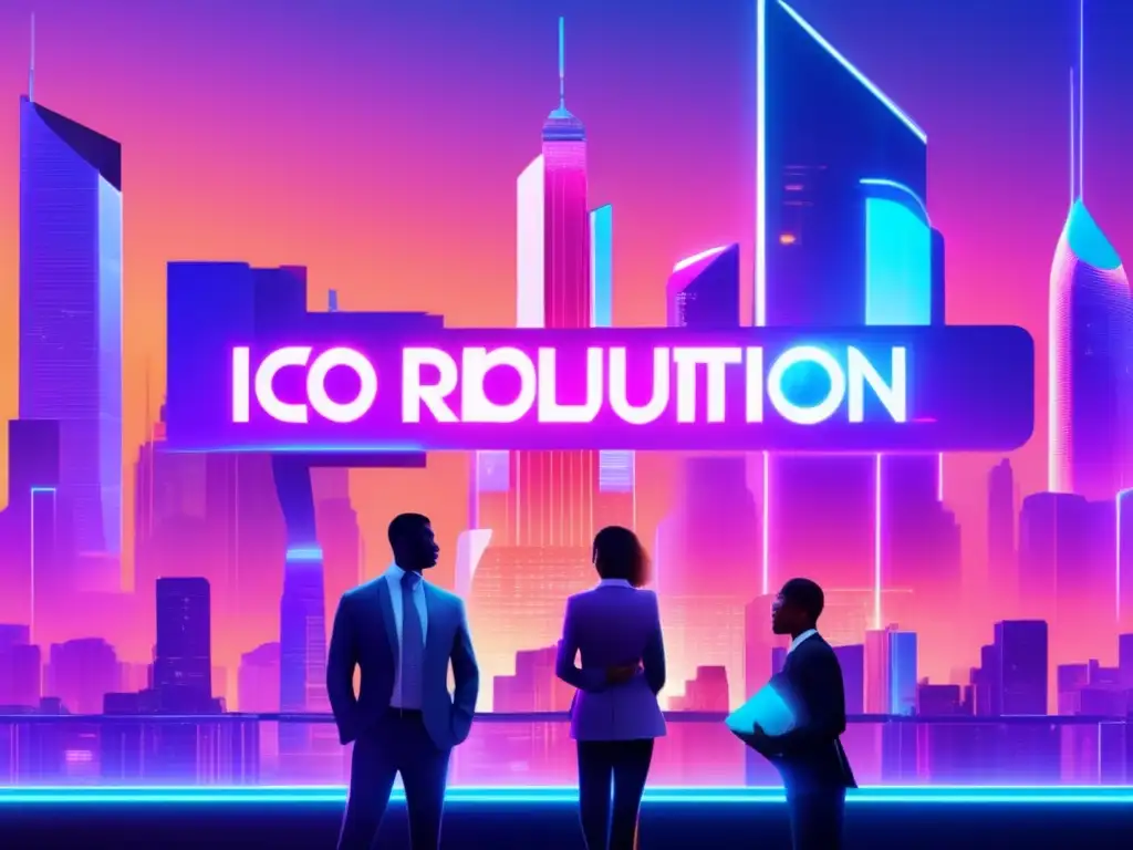 Ciudad futurista al amanecer con rascacielos iluminados ICOS: redefiniendo inversión financiera en ciudad futurista