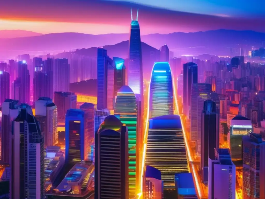 Futurista ciudad financiera con profesionales discutiendo ICOs: redefiniendo inversión financiera con vibrante ciudad futurista y profesionales discutiendo en pantalla digital