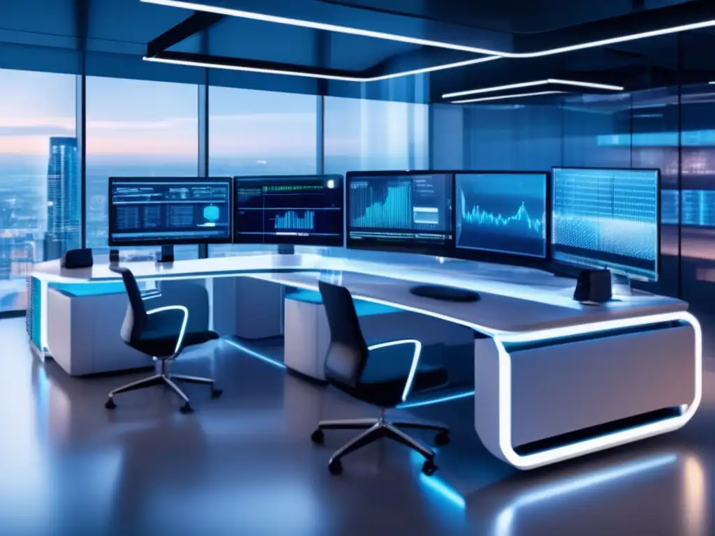 Futuro sistema de seguridad en oficina de trading Imagen de alta tecnología: Cuentas de trading seguras, seguridad digital y éxito en inversiones