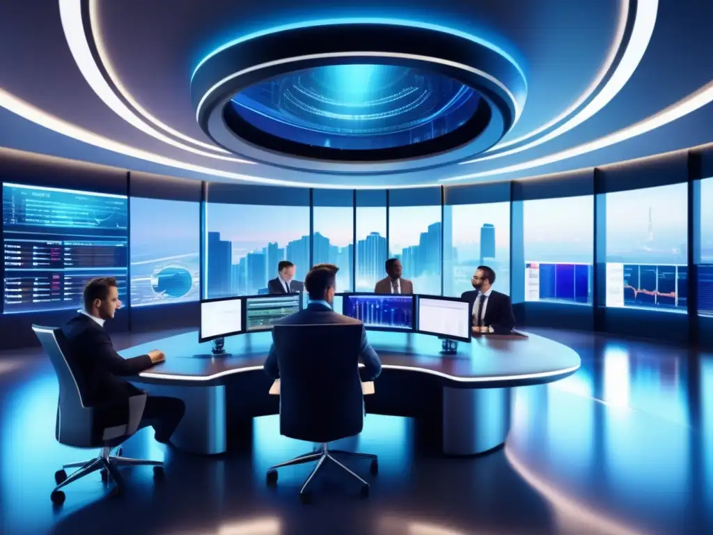 Sala de trading futurista con profesionales analizando datos Imagen de análisis técnico en el mercado: sala de trading futurista con profesionales y tecnología avanzada