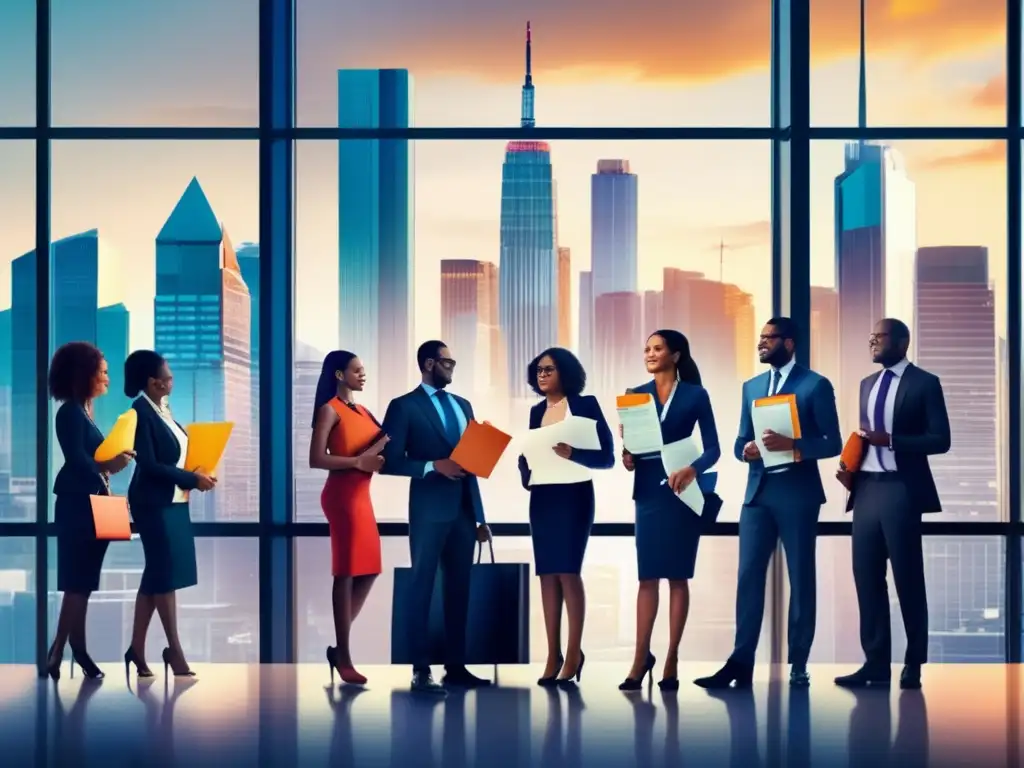 Expertos fiscales con documentos financieros Imagen: Beneficios fiscales de los ETFs: expertos en tributación y planificación financiera en una oficina moderna con vista urbana