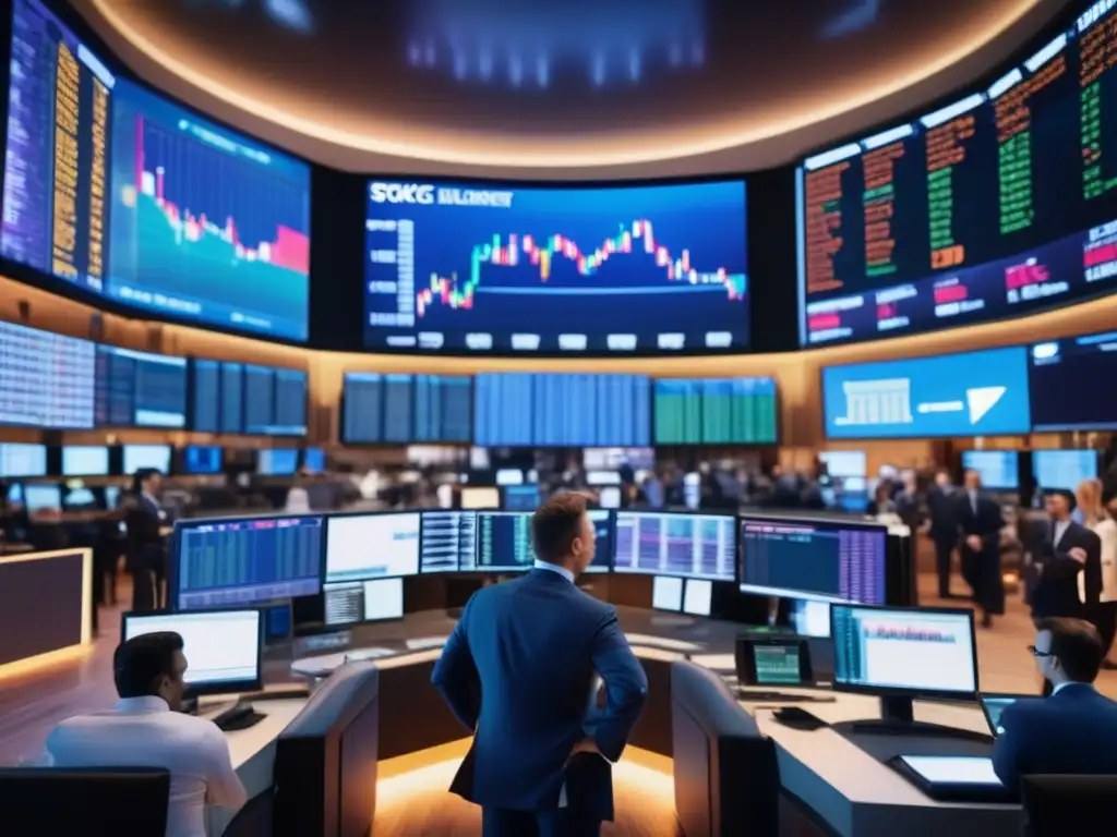 Piso de bolsa con traders y pantallas Imagen de la bolsa con traders y pantallas mostrando datos en tiempo real