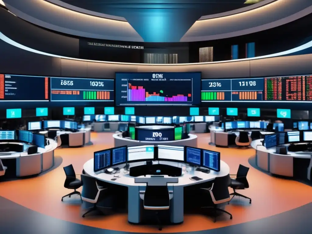 Mercado financiero global en acción Imagen de la bolsa de valores con traders, pantallas de datos y ambiente moderno que refleja el acceso global a mercados internacionales