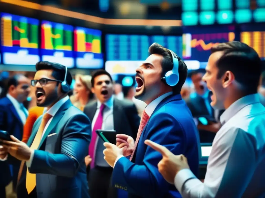Mercado de valores enérgico y vibrante Imagen de la bolsa de valores con traders enérgicos y colores vibrantes, reflejando la psicología de inversión en eventos noticiosos