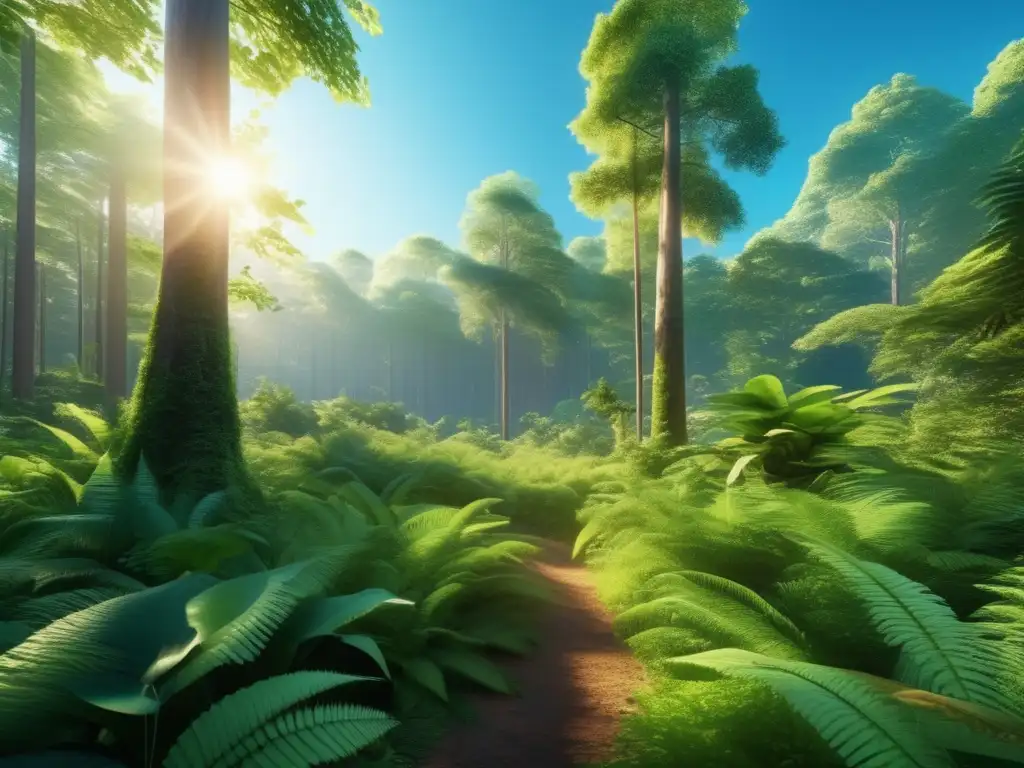Bosque verde y exuberante con árboles majestuosos bajo el sol Imagen de bosque verde con árboles majestuosos y sol filtrando luz