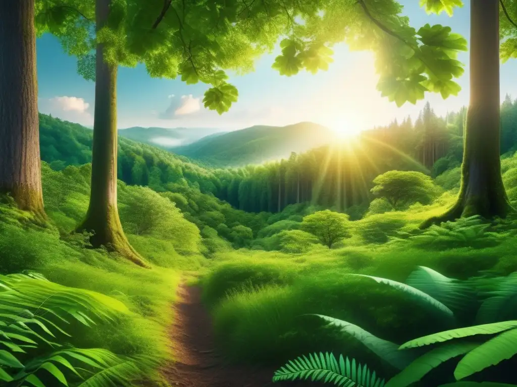 Un bosque exuberante, eco-sostenible Imagen 8K de un bosque verde exuberante, con luz solar filtrándose entre la densa vegetación - Certificaciones de sostenibilidad cartera