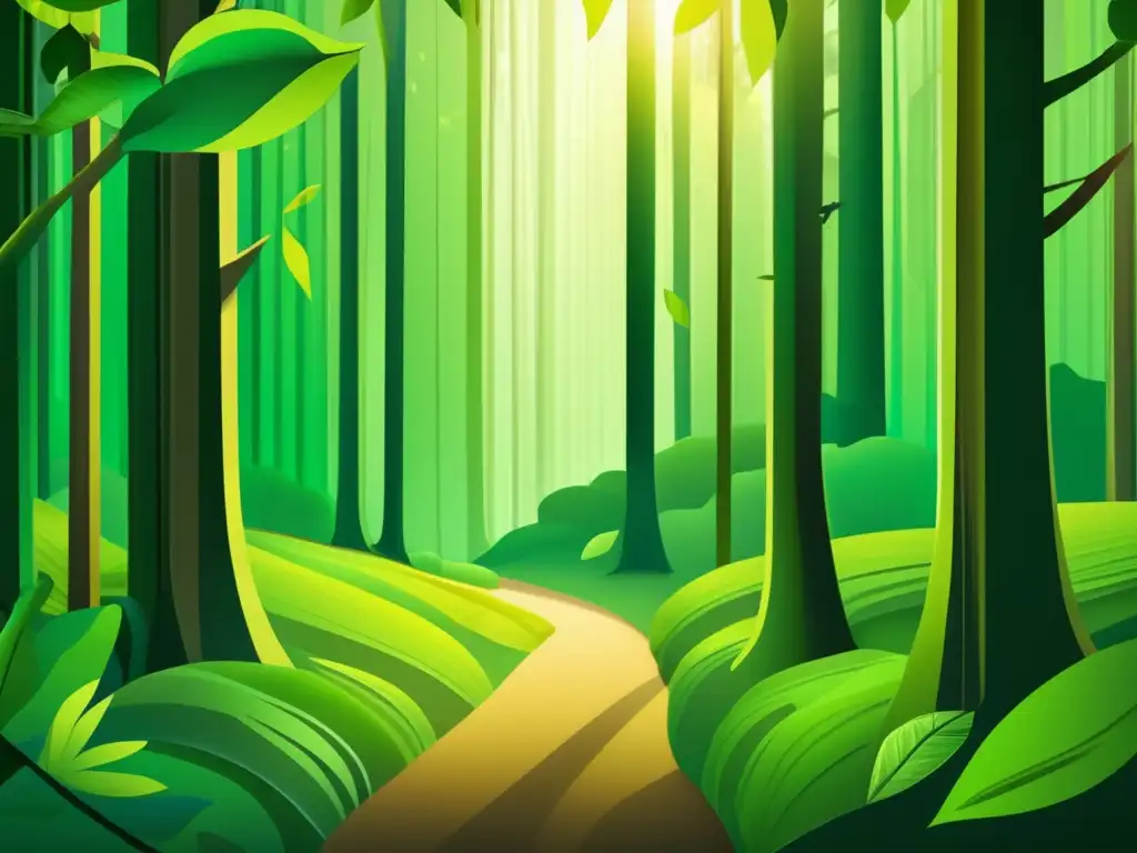 Bosque verde exuberante con árboles altos y luz solar filtrada Imagen de un bosque verde exuberante, símbolo de la sostenibilidad y los estándares ESG en inversiones