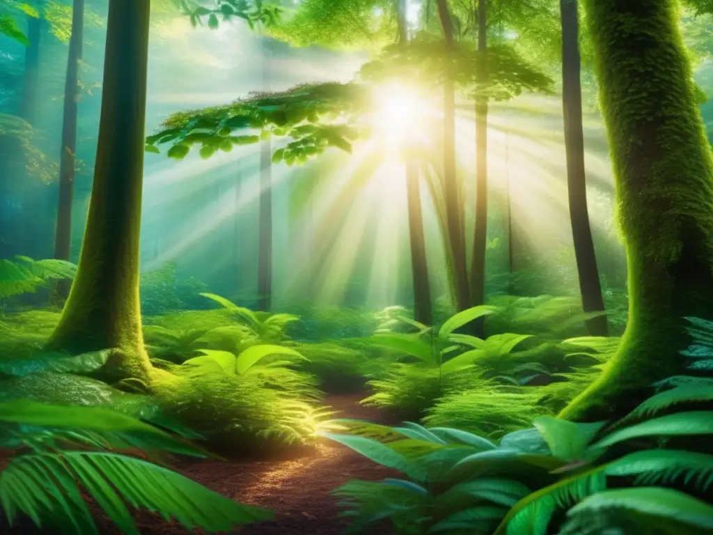 Bosque verde exuberante y sostenible Imagen de un bosque verde exuberante con árboles altos y una vegetación vibrante