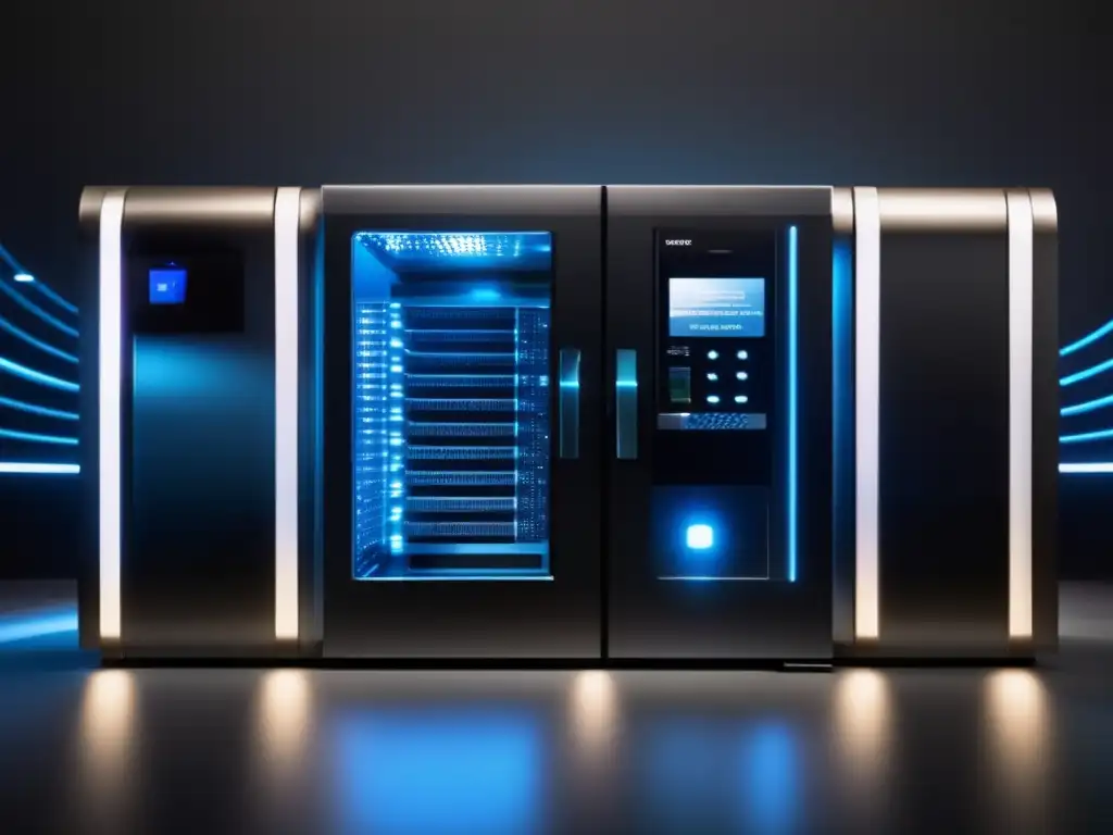 Moderno y seguro cofre digital con biometría Imagen de una bóveda digital segura con diseño moderno, resalta sobre fondo negro