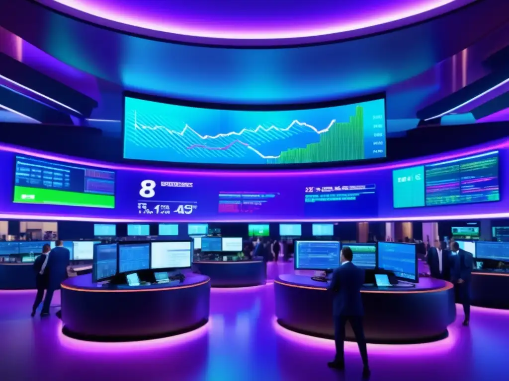 Traders en piso de bolsa Imagen 8K de una bulliciosa bolsa de valores con traders en un ambiente moderno - Ratio Put/Call y mercado financiero