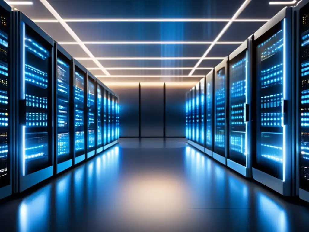 Centro de datos futurista con servidores y seguridad Imagen de un centro de datos futurista con servidores y cables, resaltando la importancia de copias de seguridad en inversiones