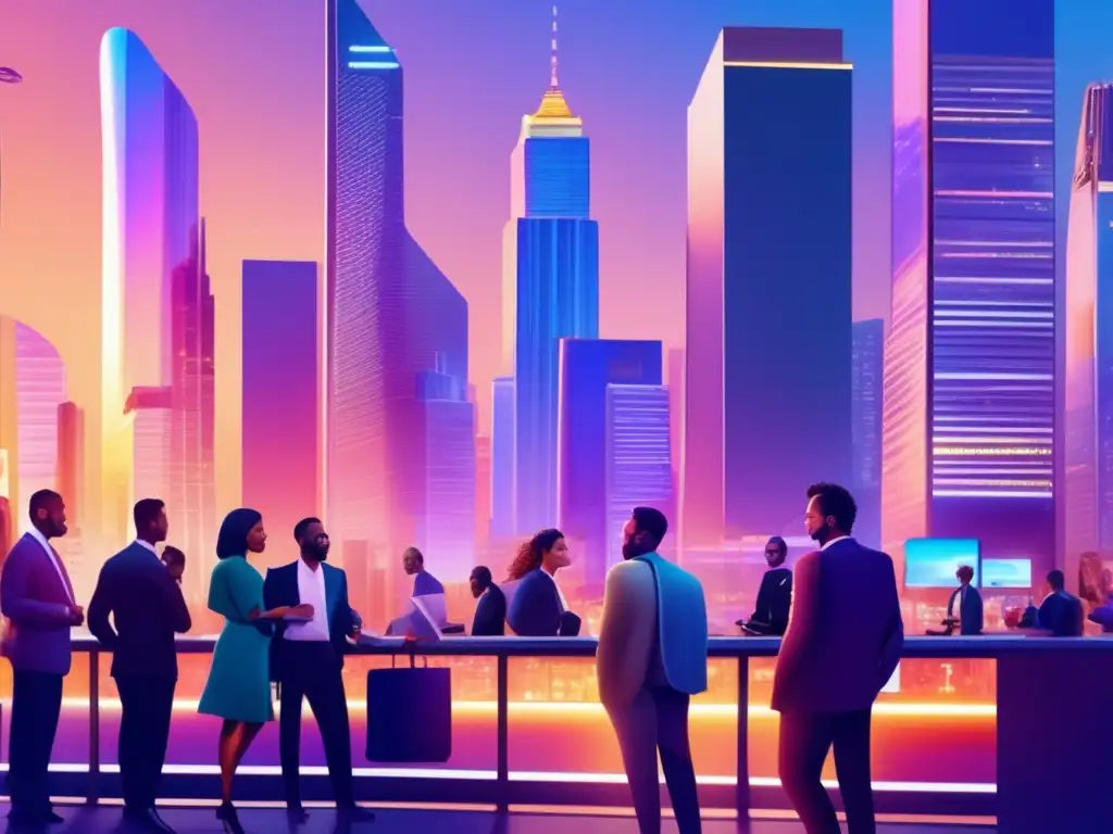 Ciudad vibrante al atardecer con rascacielos y profesionales colaborando Imagen 8k de una ciudad al atardecer con rascacielos, personas diversas y profesionales en discusión, simbolizando empresas de impacto social