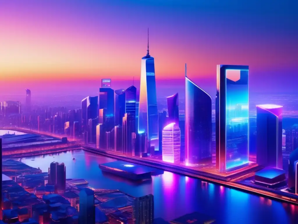 Moderna ciudad futurista con tecnología financiera Imagen de ciudad digital con rascacielos futuristas y seguridad financiera en plataformas Fintech