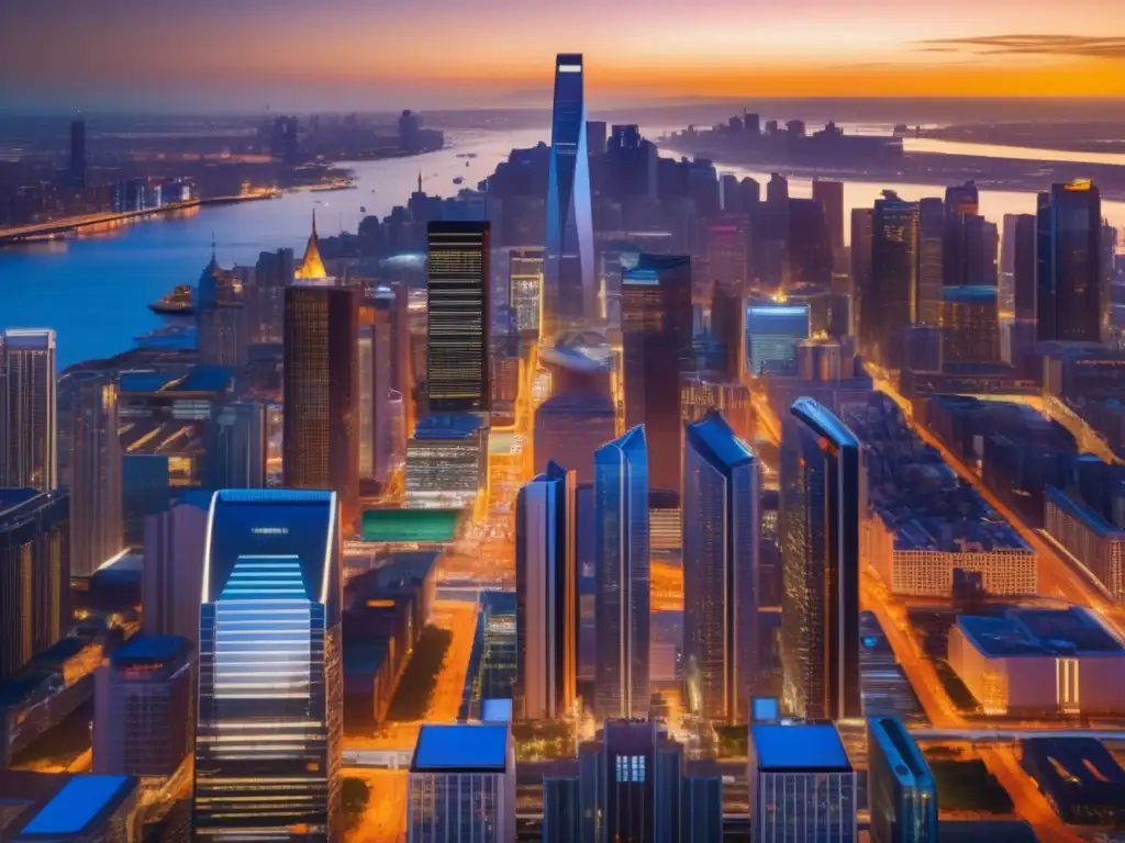 Ciudad vibrante y diversa al atardecer 8k imagen ciudad diversa y vibrante con rascacielos iluminados, inversores minoristas discuten ventajas invertir en ETFs