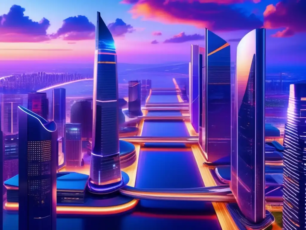 Skyline financiero futurista al atardecer Imagen de ciudad financiera futurista al atardecer con análisis de balances e inversiones