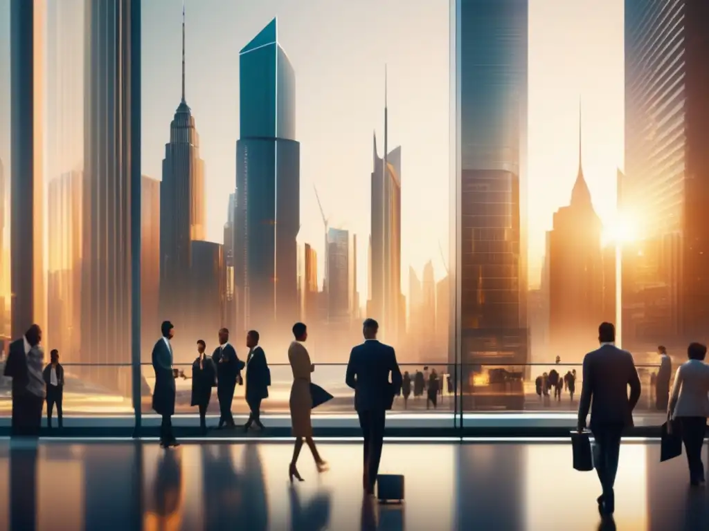 Futura ciudad financiera: inversión, diversificación y planificación fiscal Imagen 8K de una ciudad financiera futurista con imponentes rascacielos de cristal reflejando la luz dorada