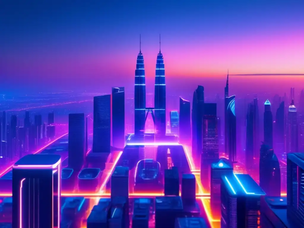 Futurista ciudad con rascacielos y tecnología avanzada Imagen de una ciudad futurista al atardecer con rascacielos imponentes y tecnología vanguardista