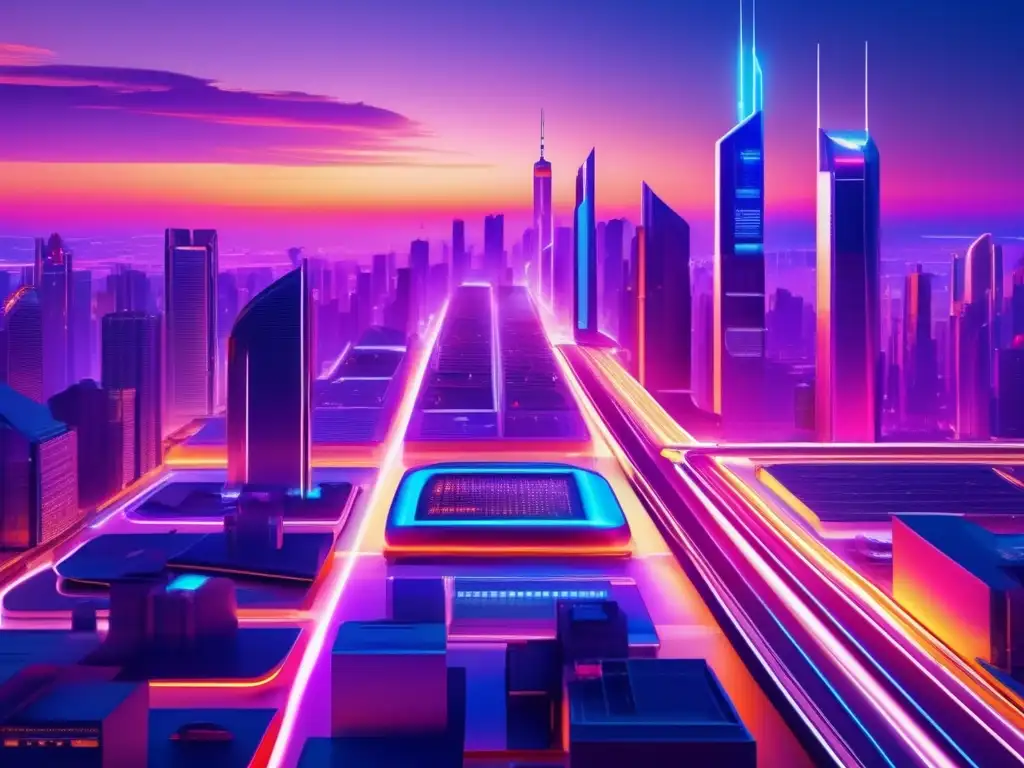 Futuroso paisaje urbano: ciudad 8k vibrante y tecnológica Imagen de ciudad futurista al atardecer con rascacielos iluminados y tecnología avanzada: Acciones tecnológicas con potencial oculto