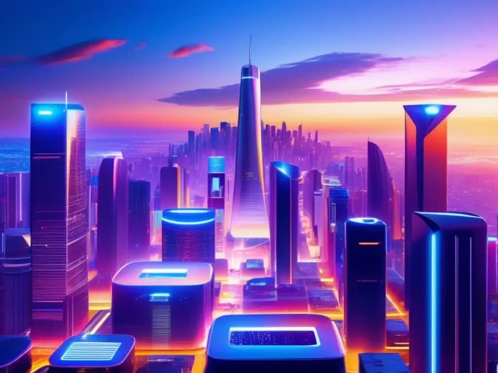 Urbanidad tecnológica al atardecer Imagen de ciudad futurista al atardecer con acciones tecnológicas contrarian