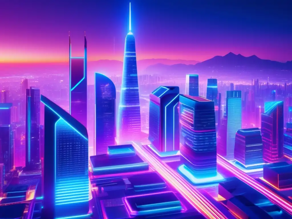 Ciudad futurista iluminada por luces neón Imagen de ciudad futurista con blockchain: Estrategias de diversificación con blockchain