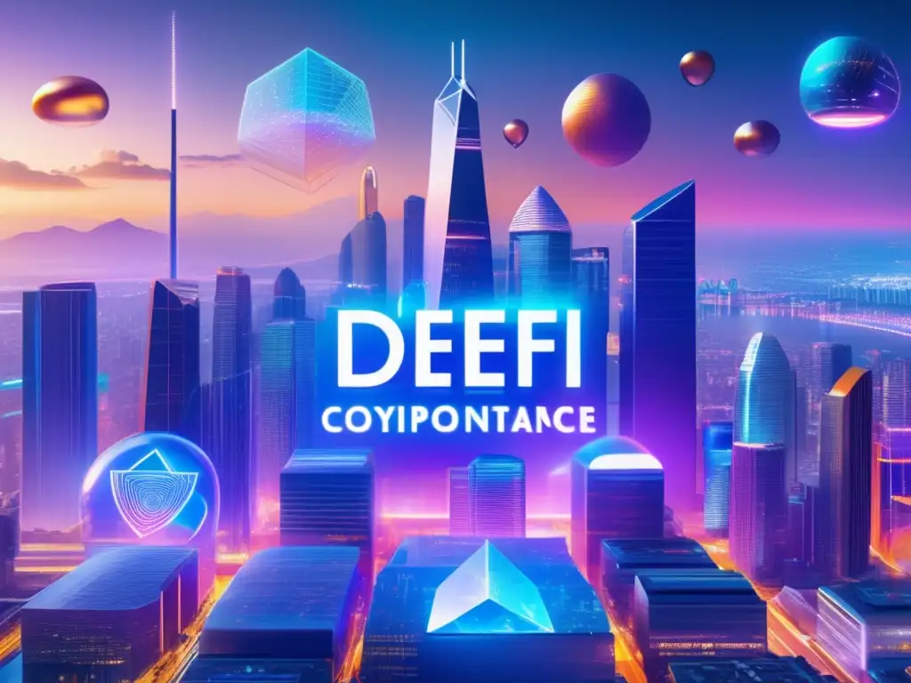 Futuro de las finanzas descentralizadas Imagen 8k de ciudad futurista con DeFi: Descentralización Finanzas Personales DeFi