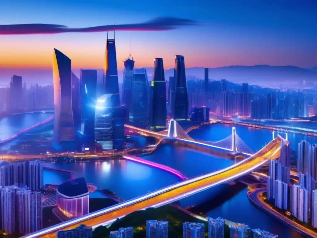 Ciudad futurista en crepúsculo: Diversificación y tendencias emergentes Imagen: Ciudad futurista con diversificación en inversión y tendencias emergentes