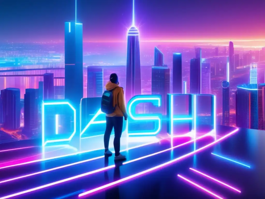Ciudad futurista con rascacielos de vidrio y acero Imagen: Ciudad futurista con edificios de vidrio y acero, luces de neón vibrantes y transacción rápida con Dash cryptocurrency