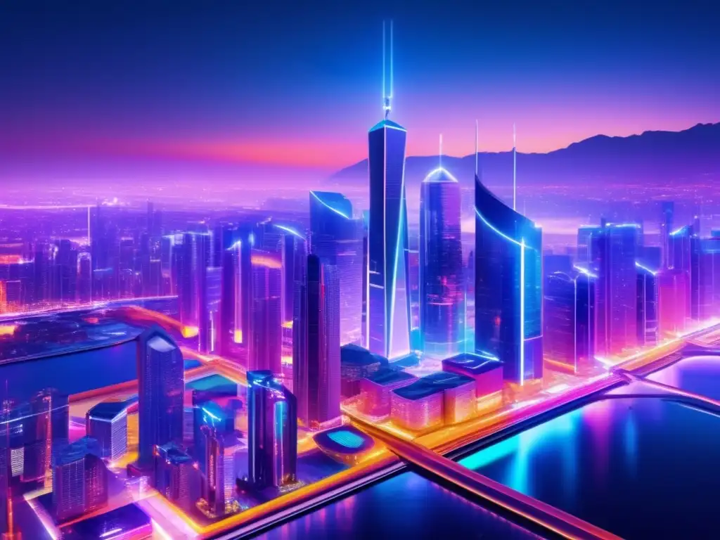 Ciudad futurista nocturna con arquitectura avanzada y luces neón vibrantes Imagen 8k de ciudad futurista iluminada por luces neón, con rascacielos modernos y transacciones seguras de Zcash