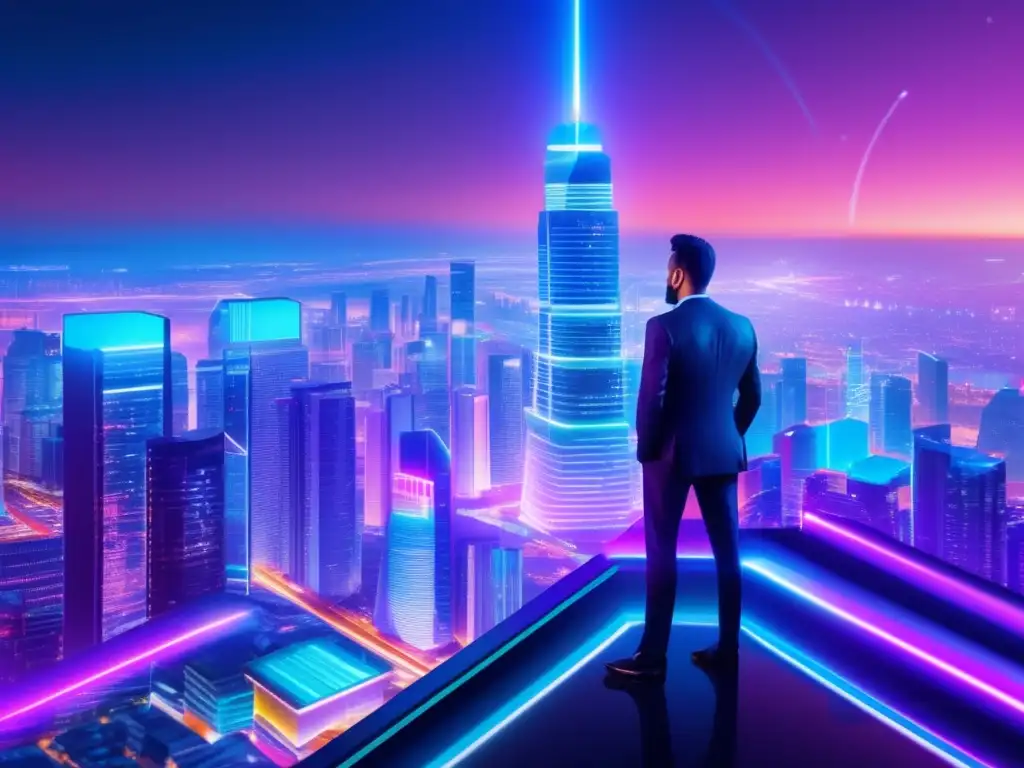 Futurista ciudad nocturna con fintech Imagen de ciudad futurista en la noche con rascacielos modernos, pantallas digitales y un hombre de negocios