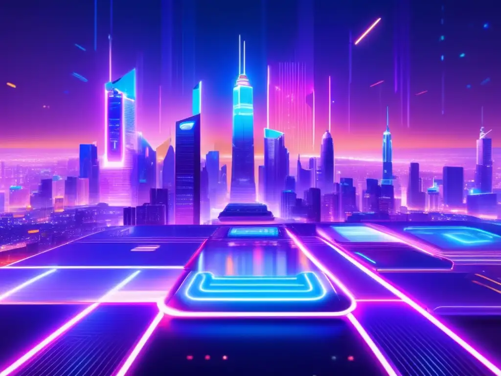 Ciudad futurista nocturna con rascacielos y seguridad cibernética Imagen: Ciudad futurista nocturna, con rascacielos coloridos y hologramas de seguridad cibernética