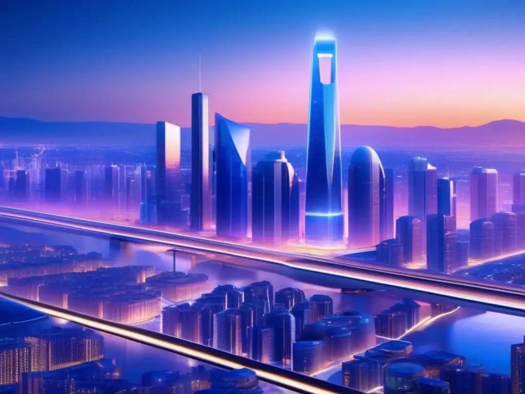 Futurista ciudad en Cardano: innovación y sostenibilidad Imagen de la ciudad futurista al anochecer, resaltando el potencial de Cardano en inversiones