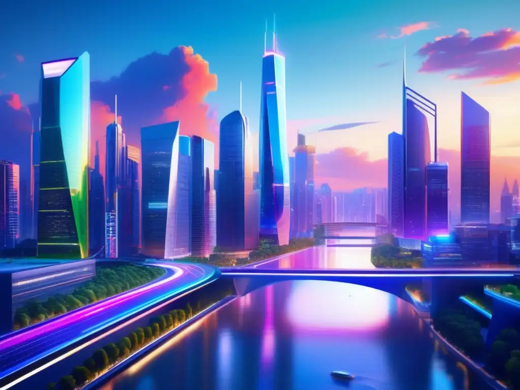 Ciudad futurista con rascacielos modernos Imagen de una ciudad futurista con rascacielos altos y modernos, reflejando la vibrante vida urbana