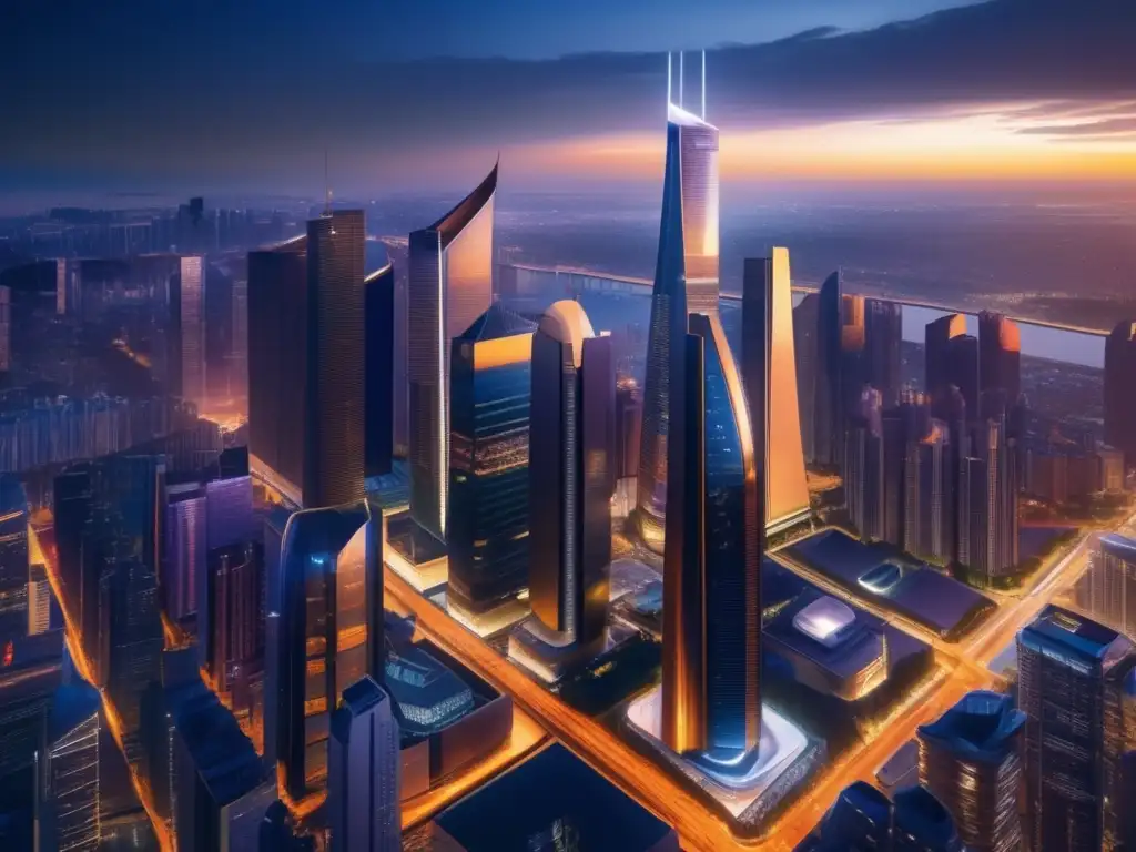Ciudad futurista con rascacielos - Imagen de una ciudad futurista con rascacielos, luz dorada y profesionales discutiendo - Estrategias de inversión en bolsa global