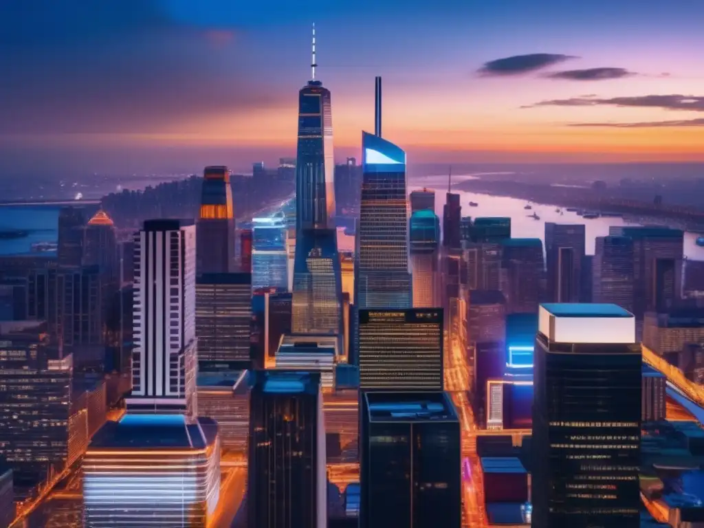 Ciudad futurista iluminada por luces vibrantes Imagen de ciudad futurista con rascacielos iluminados, reflejando la naturaleza vanguardista del distrito financiero