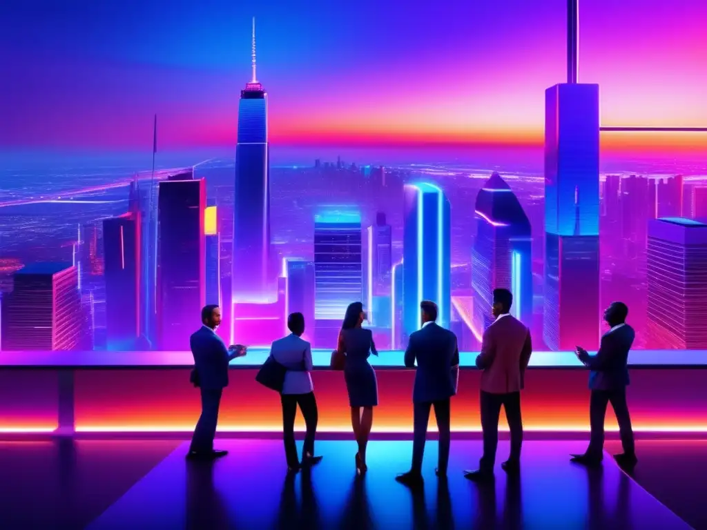 Futuroso paisaje urbano con rascacielos, luces neón y empresarios Imagen: Ciudad futurista con rascacielos, neones y profesionales de negocios