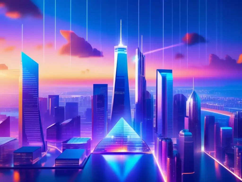 Futurista ciudad con rascacielos y tecnología Imagen de una ciudad futurista con rascacielos de vidrio y acero, mostrando gráficos financieros y símbolos de criptomonedas