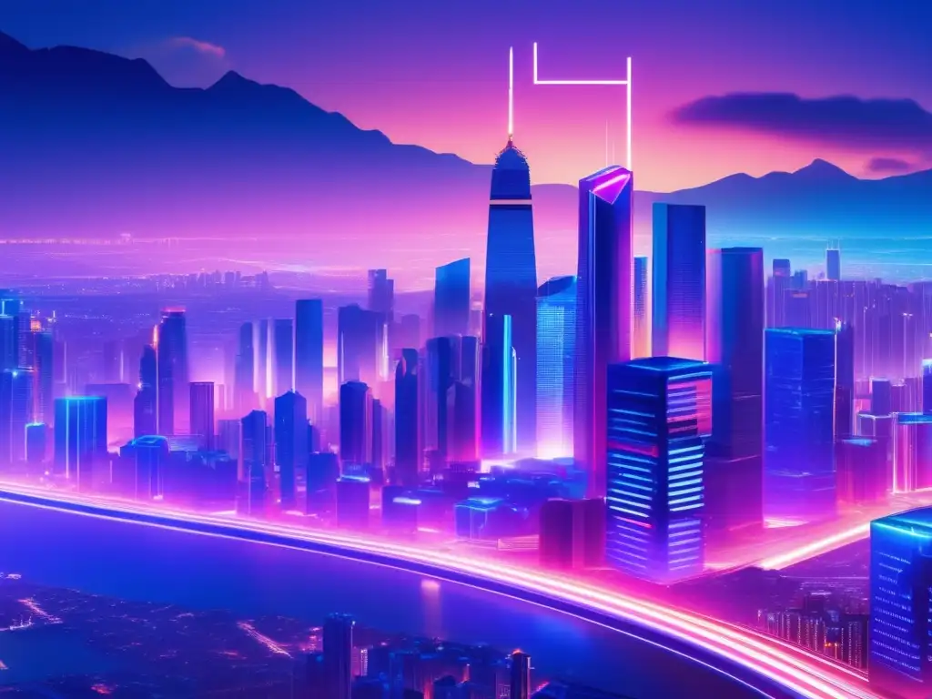 Ciudad futurista iluminada con luces de neón y logotipo de criptomoneda - Imagen 8k de ciudad futurista con rascacielos, luces de neón y logo de criptomonedas