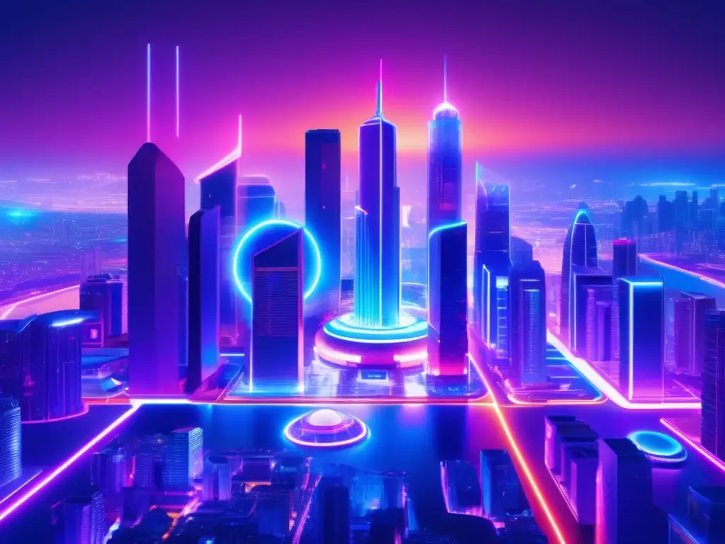 Futuro ciudad con rascacielos y tecnología Imagen de ciudad futurista con rascacielos, luces neón y mercado de activos digitales - Beneficios DeFi para inversionistas