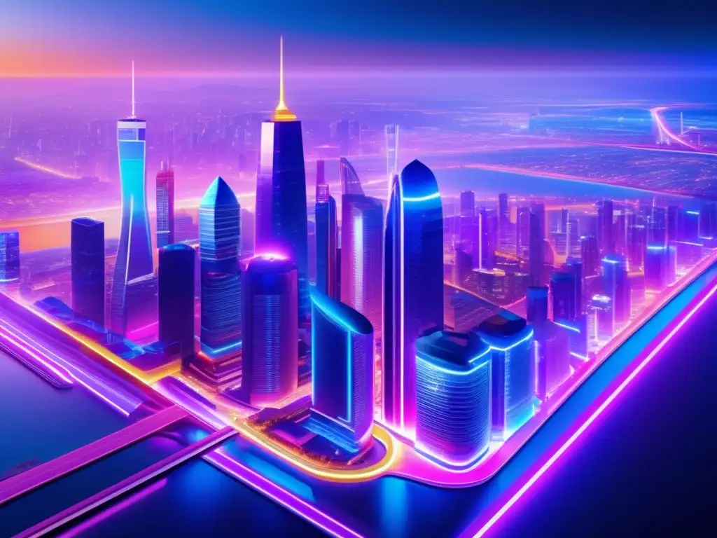 Futuro urbano con rascacielos iluminados Una imagen de una ciudad futurista con rascacielos modernos y luces de neón, simbolizando estrategias de inversión con interés compuesto