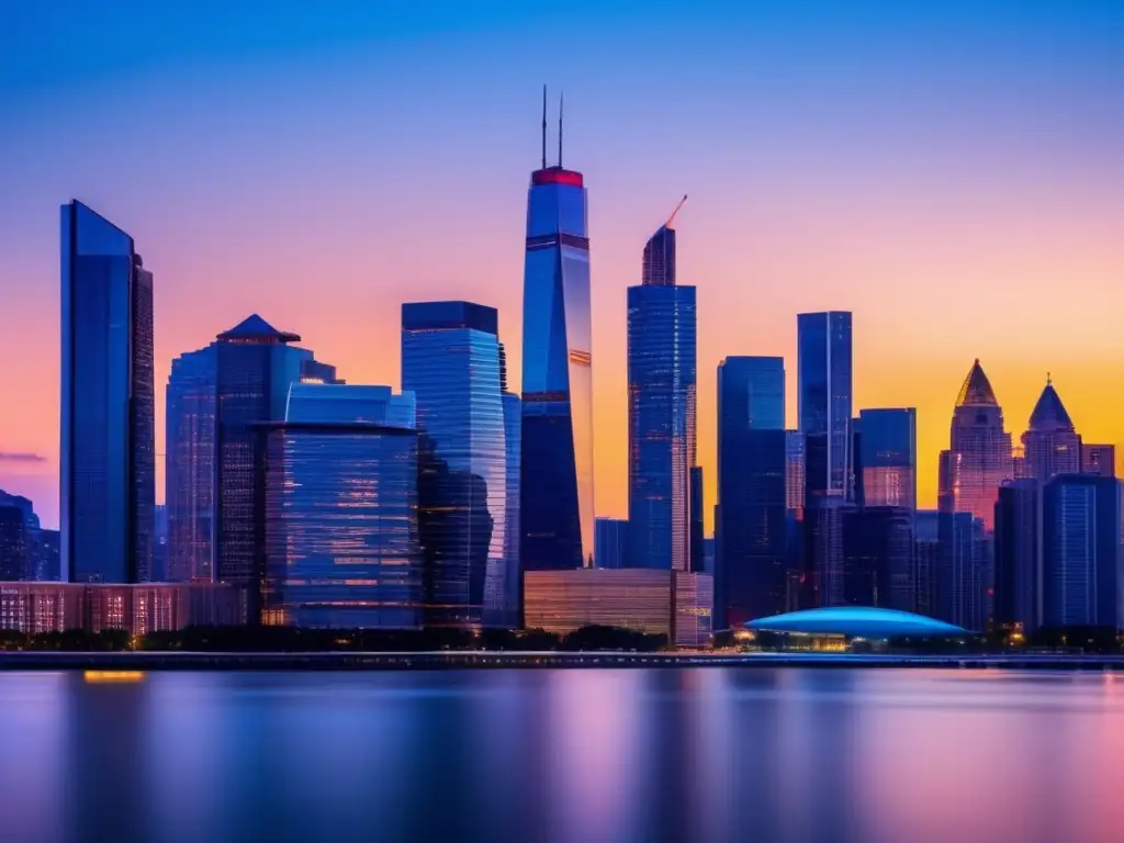 Impresionante ciudad moderna al atardecer Imagen: Ciudad moderna al atardecer, rascacielos reflejan el sol