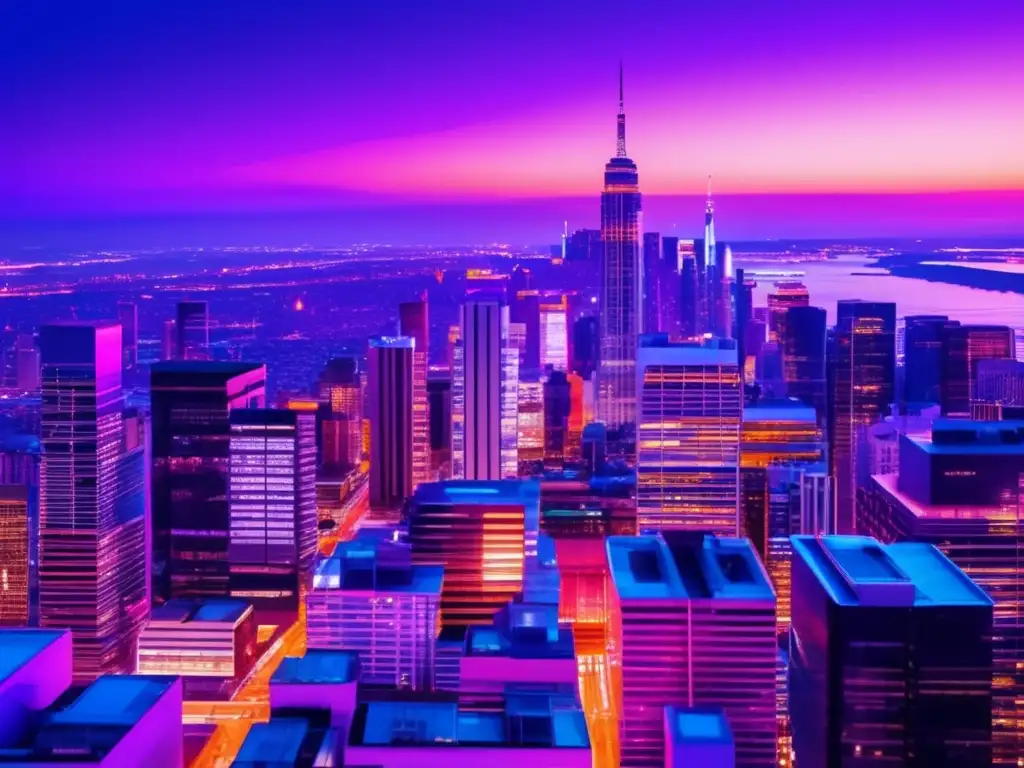 Ciudad moderna al atardecer Imagen de ciudad moderna al atardecer, con rascacielos iluminados y movimiento de vehículos