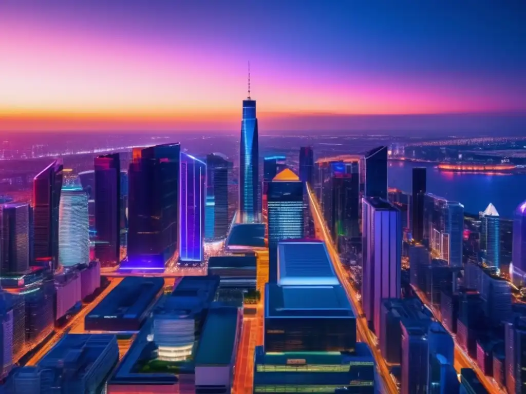 Moderna ciudad al atardecer: prosperidad y éxito Imagen de ciudad moderna al atardecer con rascacielos iluminados, simboliza estrategias de inversión rápida