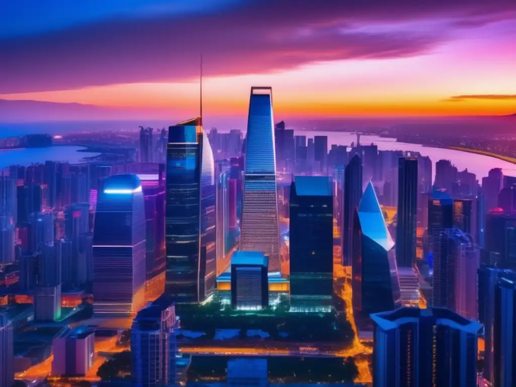 Skyline urbano moderno al atardecer Imagen de ciudad moderna al atardecer, representa inversiones internacionales y leyes antilavado de dinero
