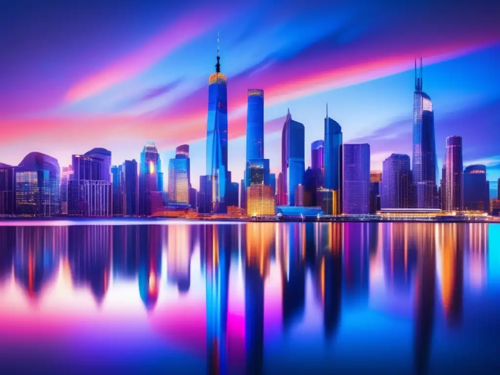 Ciudad moderna al atardecer Imagen de una ciudad moderna al atardecer, con rascacielos iluminados y reflejados en un río