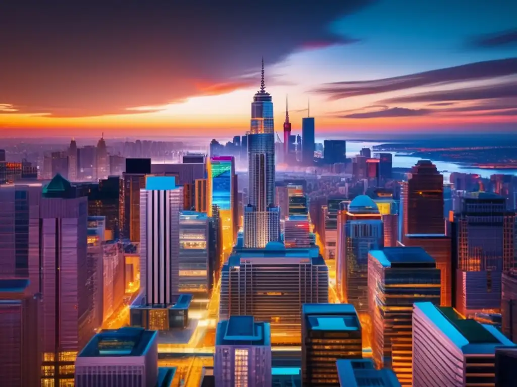 Ciudad moderna con rascacielos y puesta de sol Imagen de ciudad moderna y vibrante para guía completa flipping inmobiliario principiantes
