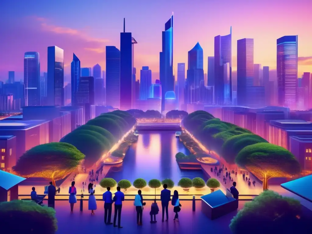 Ciudad multicultural al atardecer Imagen de la ciudad al anochecer con rascacielos representando culturas y colores vibrantes