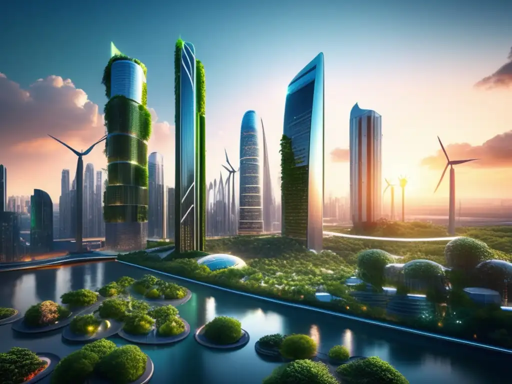 Ciudad futurista sostenible al atardecer Imagen de ciudad futurista sostenible con auge financiero (110 caracteres)