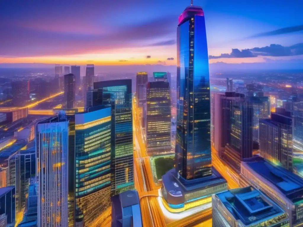 Ciudad moderna al atardecer Imagen de ciudad vibrante al atardecer, reflejando la influencia de políticas gubernamentales en inversiones comerciales