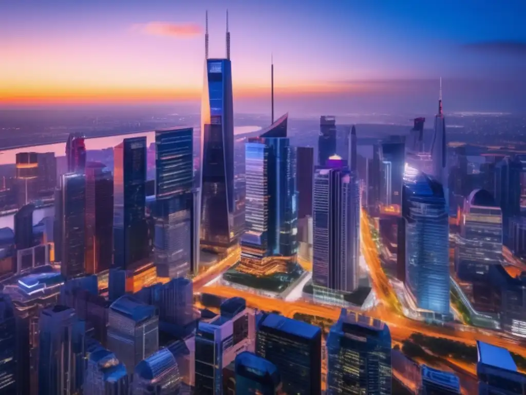 Ciudad vibrante con rascacielos y profesionales Imagen: Ciudad vibrante al atardecer con rascacielos, diversidad y empresas con propósito en finanzas