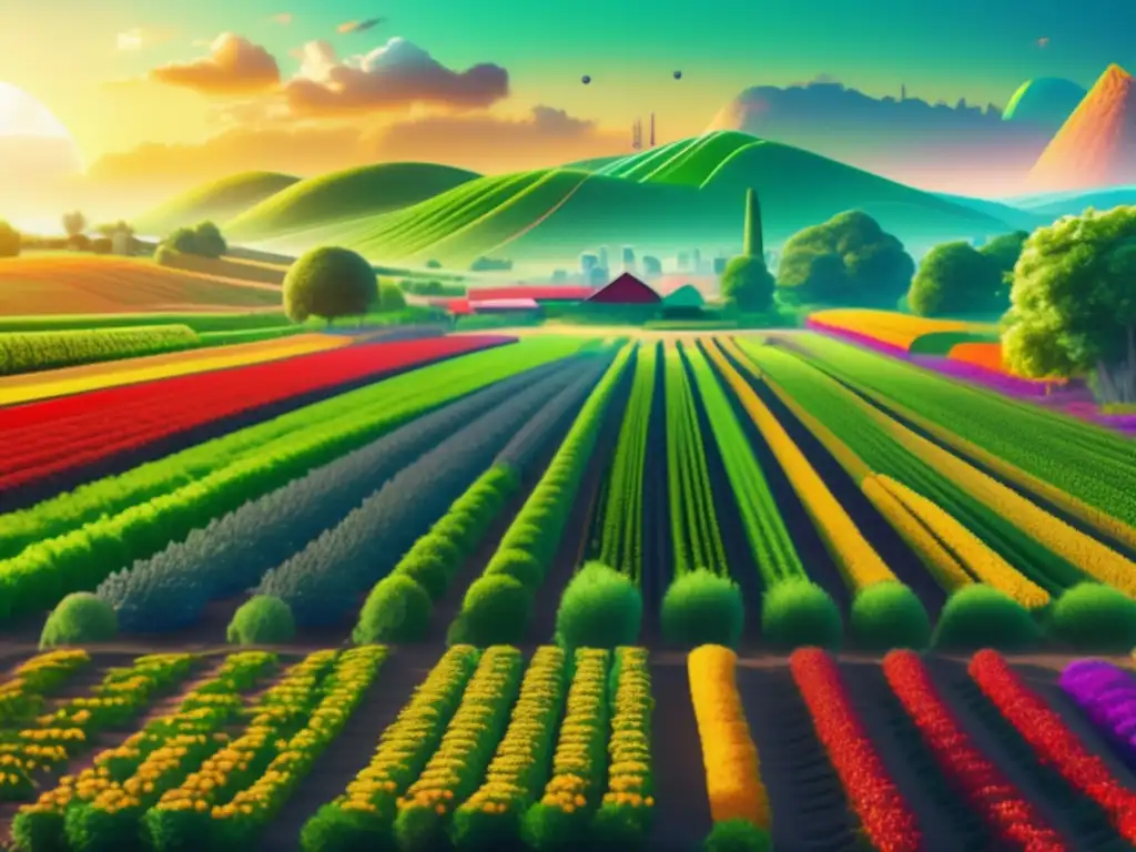 Paisaje agrícola digitalizado con criptomonedas Imagen: Concepto de farming en criptomonedas con paisaje digital futurista